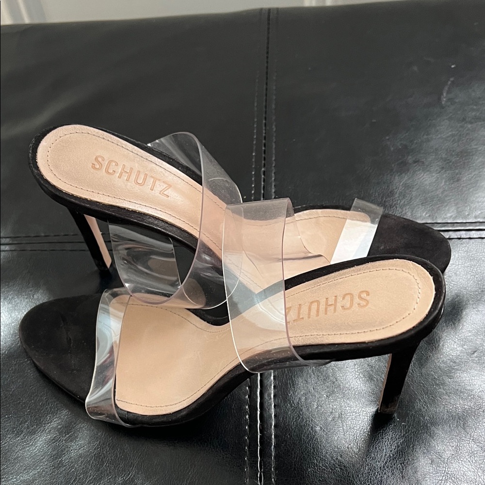 SCHUTZ Black and Clear Heeled Sandals